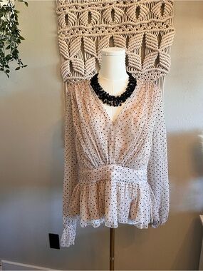 LOFT Cream Polka Dot Peplum Blouse with Velvet Bow (Necklace not included)